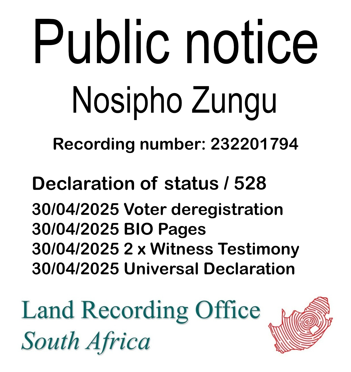 Public Notice Nosipho Zungu (c) Recording number 232201794